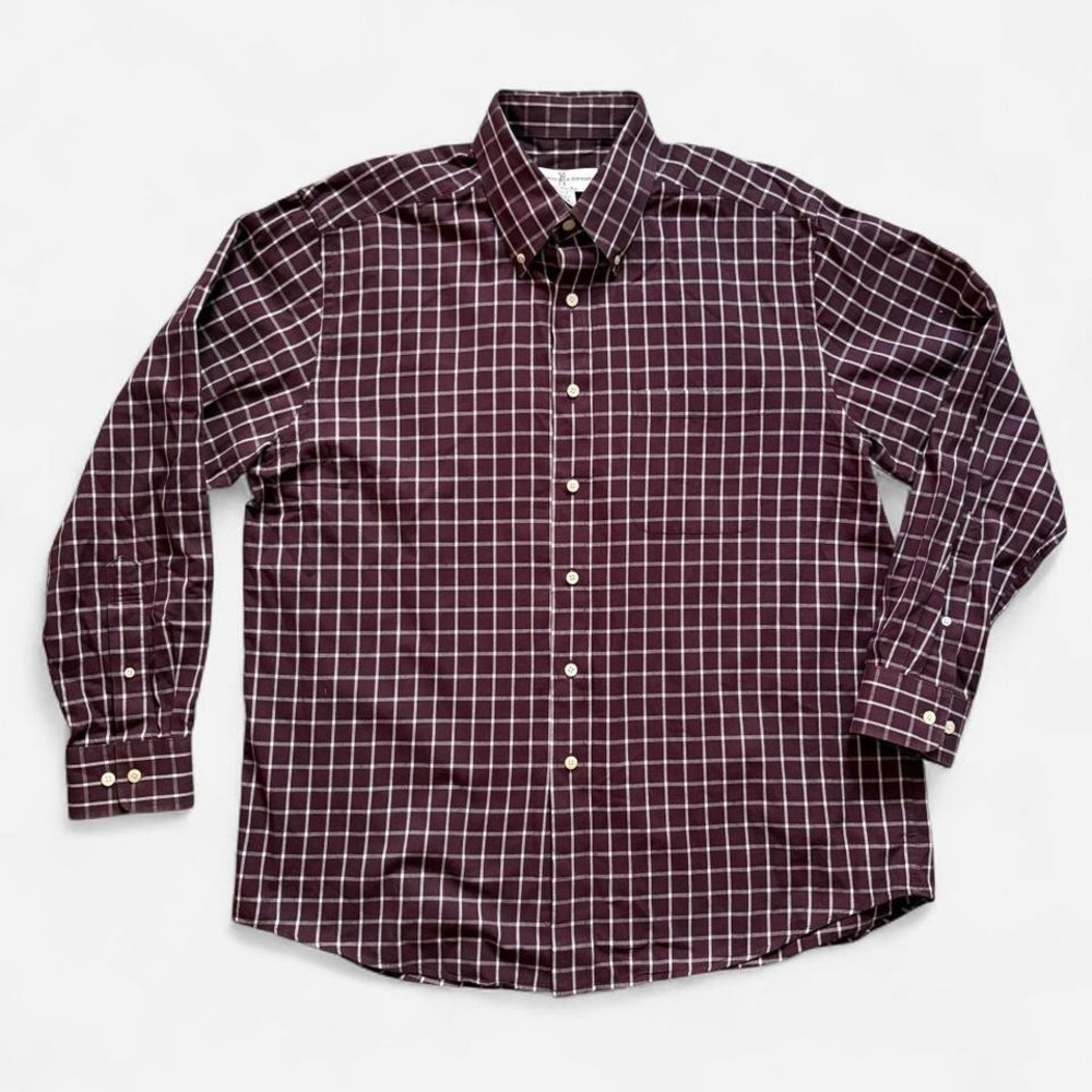 Fairway & Greene Plaid Button Up Shirt Grid Check Men's L 100% Cotton Red Brown